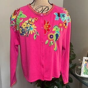 Cat, Turtle Bird Colorful Embroidered Women's Cardigan size large 🩷